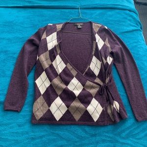 A. Giannetti Women's Size M Merino Wool Argyle Knit Wrap Sweater Long Sleeve Pur